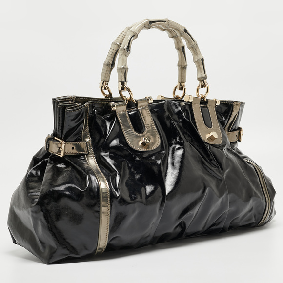 GUCCI Black/Gun Metal Coated Fabric and Patent Leather Pop Bamboo Handle Tote - Picture 3 of 8